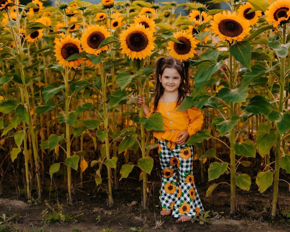 Foreign Trade Childrens Clothing WholesaleAutumn New Style Longsleeved Yellow Blouse Plaid Sun Flower Trousers Girl Suit 3-piece Set - Kiddo’s Boutique