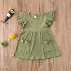 Children'S Clothing Summer Korean Girl Dress Solid Color Flying Sleeve Pit Stripe Cotton Dress - Kiddo’s Boutique