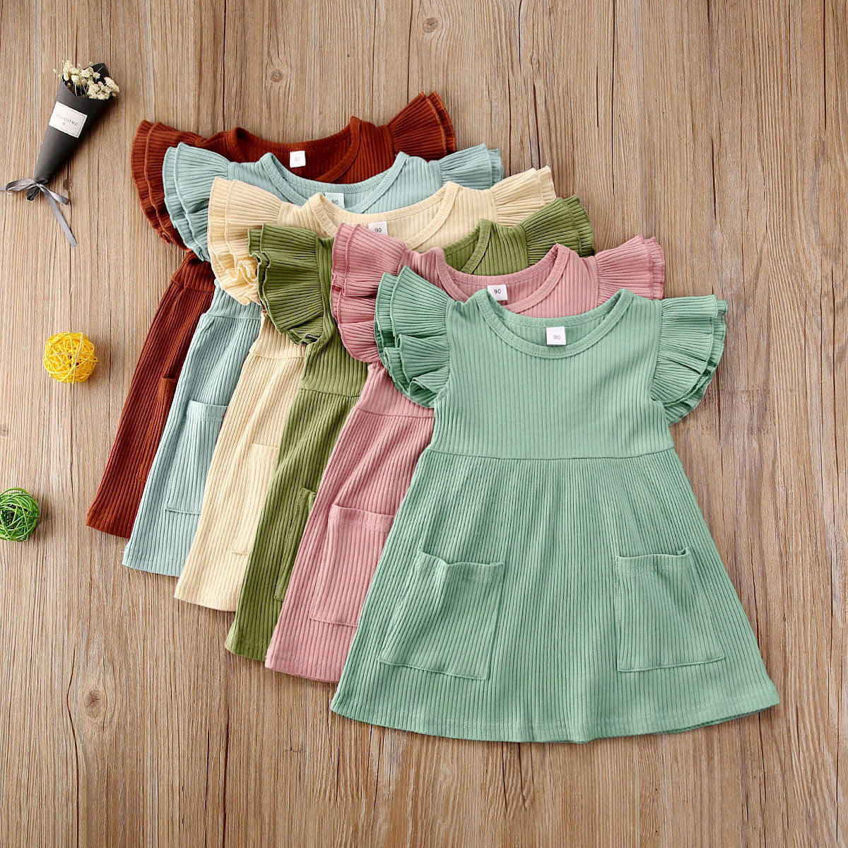 Children'S Clothing Summer Korean Girl Dress Solid Color Flying Sleeve Pit Stripe Cotton Dress - Kiddo’s Boutique