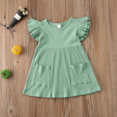 Children'S Clothing Summer Korean Girl Dress Solid Color Flying Sleeve Pit Stripe Cotton Dress - Kiddo’s Boutique
