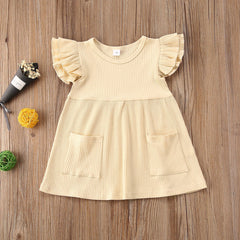 Children'S Clothing Summer Korean Girl Dress Solid Color Flying Sleeve Pit Stripe Cotton Dress - Kiddo’s Boutique