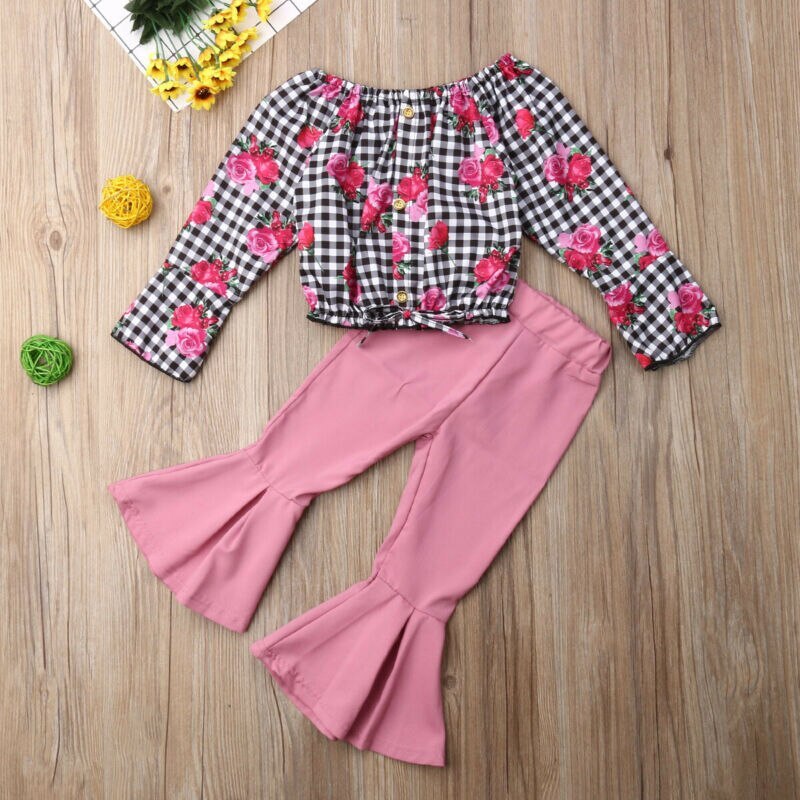 Girls' Clothing, Small And Medium-Sized Children's Checked Long-Sleeved Flared Pants - Kiddo’s Boutique