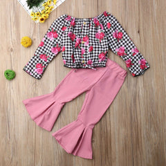 Girls' Clothing, Small And Medium-Sized Children's Checked Long-Sleeved Flared Pants - Kiddo’s Boutique