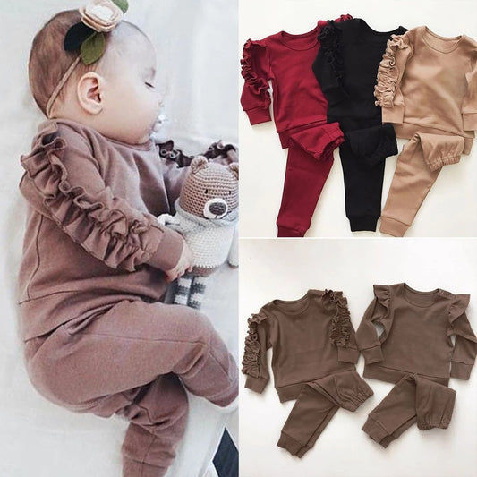 Newborn Baby Boys Girls Ruffles Jumper Solid Long Sleeve Sweatshirt Tops Pants Infant Kids 2Pcs Outfits Clothes Set Fall Clothes - Kiddo’s Boutique