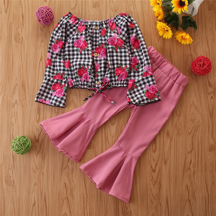 Girls' Clothing, Small And Medium-Sized Children's Checked Long-Sleeved Flared Pants - Kiddo’s Boutique