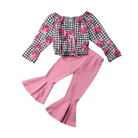 Girls' Clothing, Small And Medium-Sized Children's Checked Long-Sleeved Flared Pants - Kiddo’s Boutique
