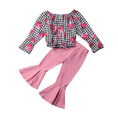 Girls' Clothing, Small And Medium-Sized Children's Checked Long-Sleeved Flared Pants - Kiddo’s Boutique