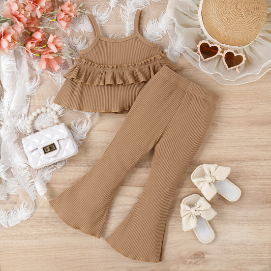 Children's Clothing Springsummer Young And Little Girls Sling Lace-collared Blouse Horn Sunken Stripe Trousers Two-piece Suit - Kiddo’s Boutique