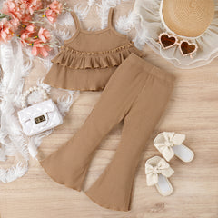 Children's Clothing Springsummer Young And Little Girls Sling Lace-collared Blouse Horn Sunken Stripe Trousers Two-piece Suit - Kiddo’s Boutique