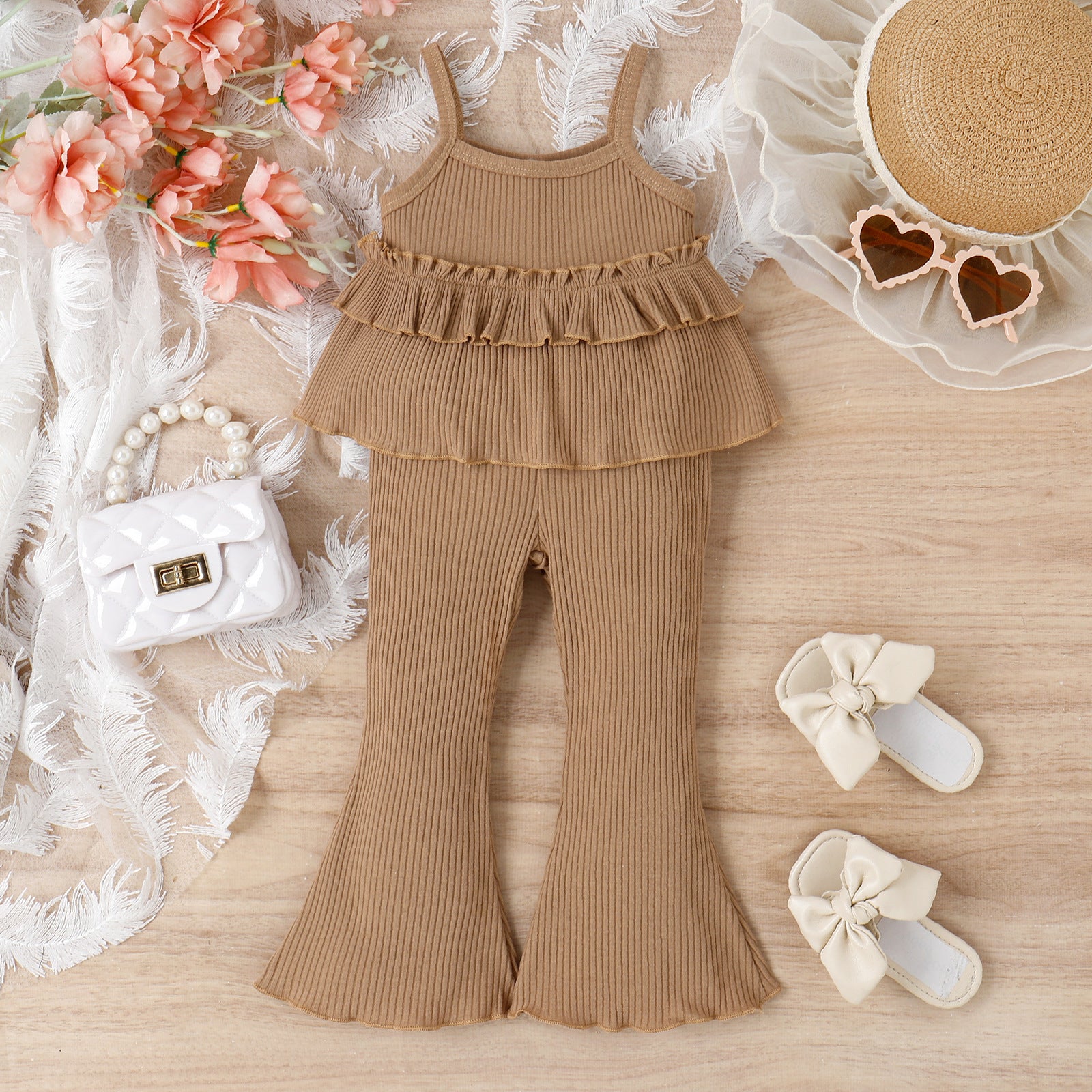 Children's Clothing Springsummer Young And Little Girls Sling Lace-collared Blouse Horn Sunken Stripe Trousers Two-piece Suit - Kiddo’s Boutique