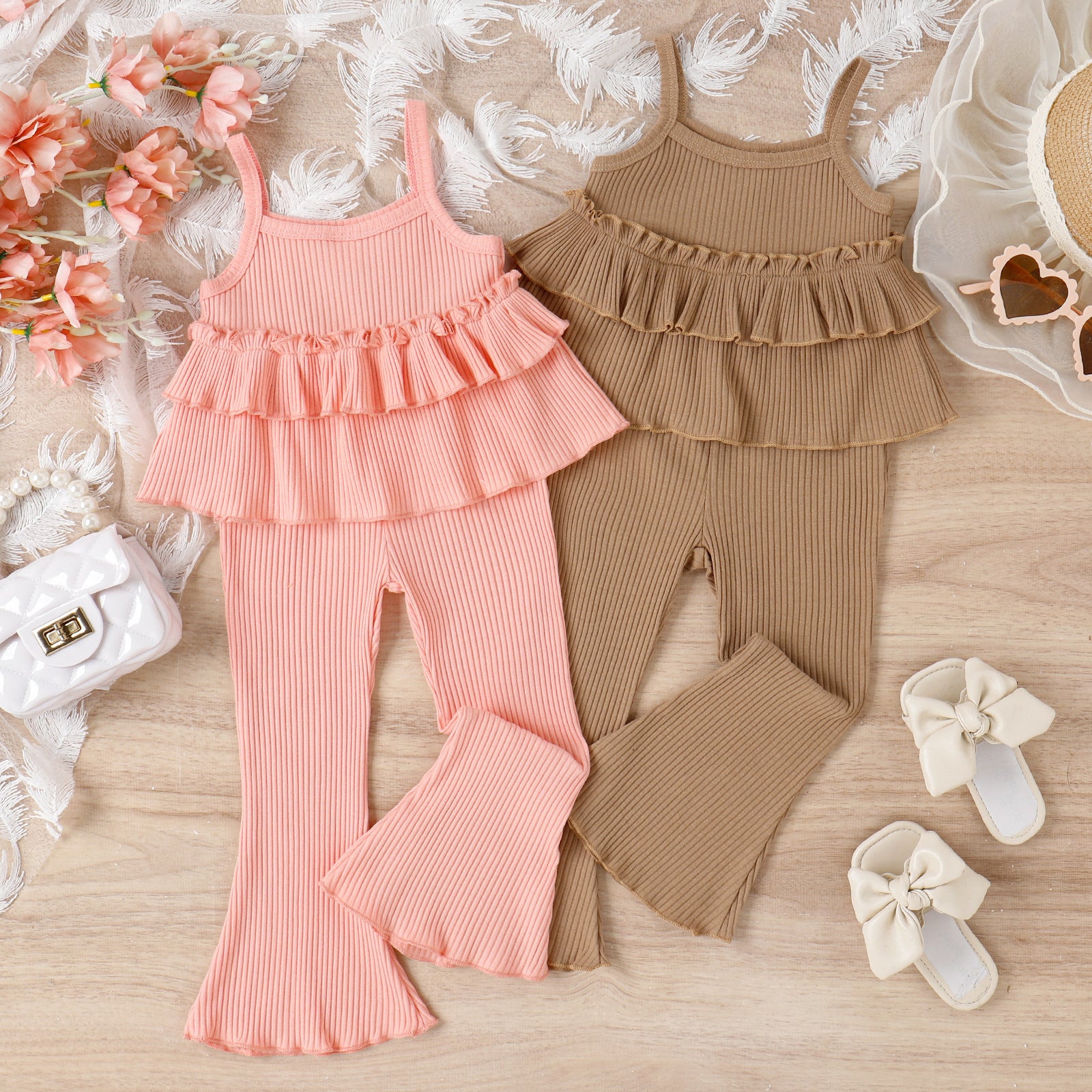 Children's Clothing Springsummer Young And Little Girls Sling Lace-collared Blouse Horn Sunken Stripe Trousers Two-piece Suit - Kiddo’s Boutique