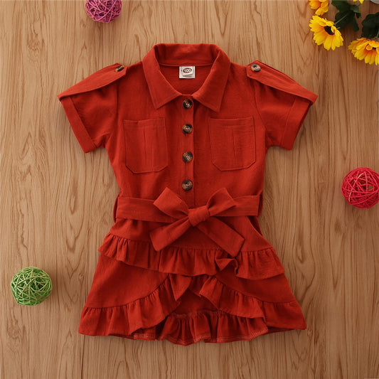 Baby Spring summer Clothing Toddler Girls Bandage Casual Dress Coat kids Ruffled Button solid dress - Kiddo’s Boutique 