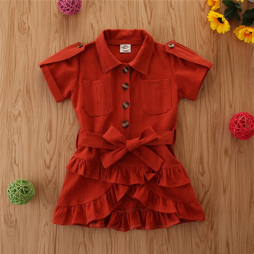 Baby Spring summer Clothing Toddler Girls Bandage Casual Dress Coat kids Ruffled Button solid dress - Kiddo’s Boutique 