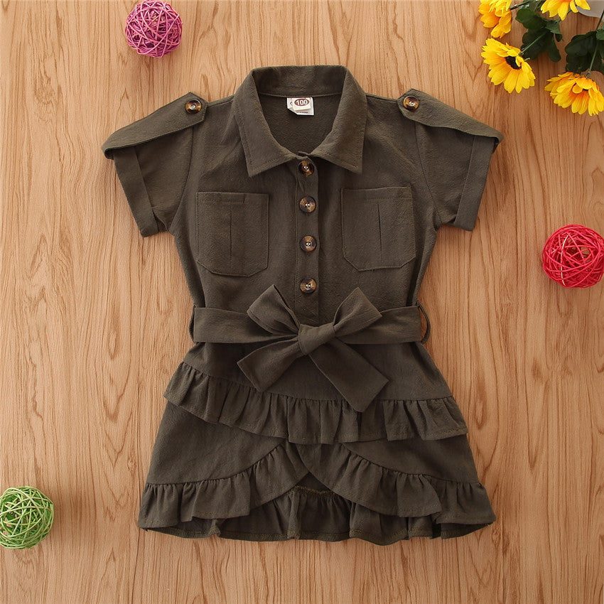 Baby Spring summer Clothing Toddler Girls Bandage Casual Dress Coat kids Ruffled Button solid dress - Kiddo’s Boutique 