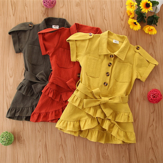 Baby Spring summer Clothing Toddler Girls Bandage Casual Dress Coat kids Ruffled Button solid dress - Kiddo’s Boutique 