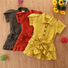 Baby Spring summer Clothing Toddler Girls Bandage Casual Dress Coat kids Ruffled Button solid dress - Kiddo’s Boutique 