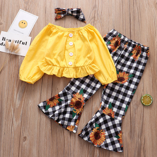 Foreign Trade Childrens Clothing WholesaleAutumn New Style Longsleeved Yellow Blouse  Plaid Sun Flower Trousers Girl Suit 3-piece Set - Kiddo’s Boutique 