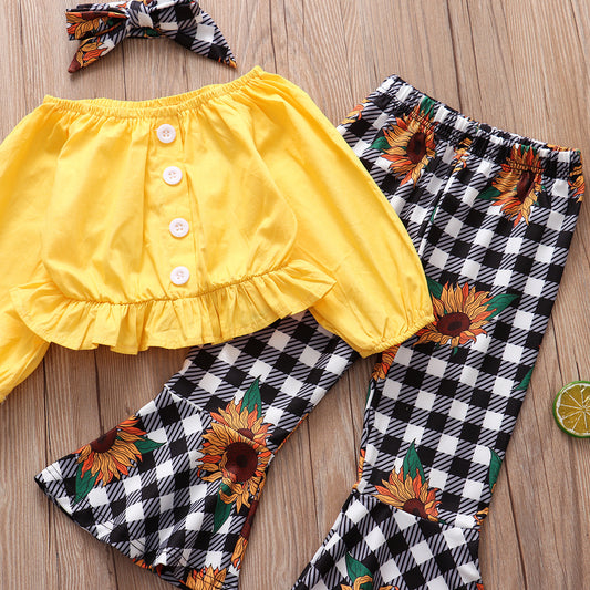 Foreign Trade Childrens Clothing WholesaleAutumn New Style Longsleeved Yellow Blouse  Plaid Sun Flower Trousers Girl Suit 3-piece Set - Kiddo’s Boutique 