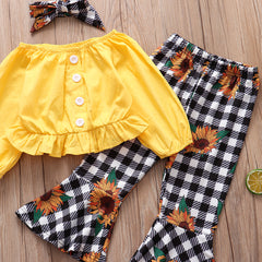 Foreign Trade Childrens Clothing WholesaleAutumn New Style Longsleeved Yellow Blouse  Plaid Sun Flower Trousers Girl Suit 3-piece Set - Kiddo’s Boutique 