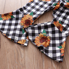 Foreign Trade Childrens Clothing WholesaleAutumn New Style Longsleeved Yellow Blouse  Plaid Sun Flower Trousers Girl Suit 3-piece Set - Kiddo’s Boutique 