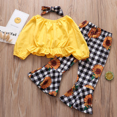 Foreign Trade Childrens Clothing WholesaleAutumn New Style Longsleeved Yellow Blouse  Plaid Sun Flower Trousers Girl Suit 3-piece Set - Kiddo’s Boutique 