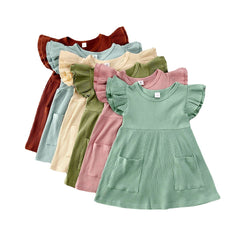 Children'S Clothing Summer Korean Girl Dress Solid Color Flying Sleeve Pit Stripe Cotton Dress - Kiddo’s Boutique 