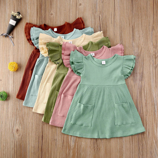 Children'S Clothing Summer Korean Girl Dress Solid Color Flying Sleeve Pit Stripe Cotton Dress - Kiddo’s Boutique 