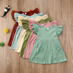 Children'S Clothing Summer Korean Girl Dress Solid Color Flying Sleeve Pit Stripe Cotton Dress - Kiddo’s Boutique 