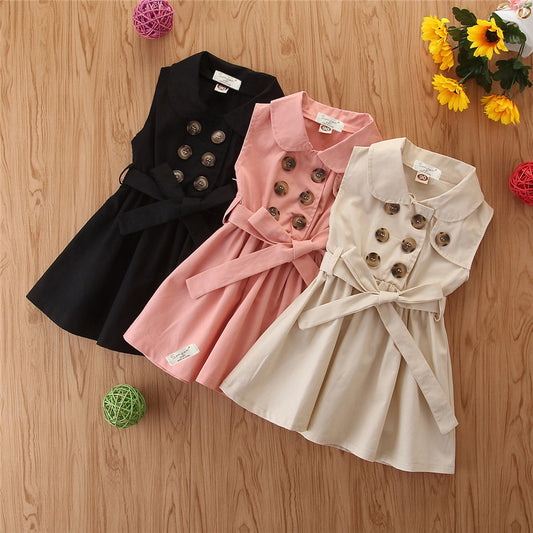 Summer Toddler Baby Girl Dress Kids Princess Casual Sleeveless Sash Button Party A-Line Dress Children Clothing 1-6Y - Kiddo’s Boutique 