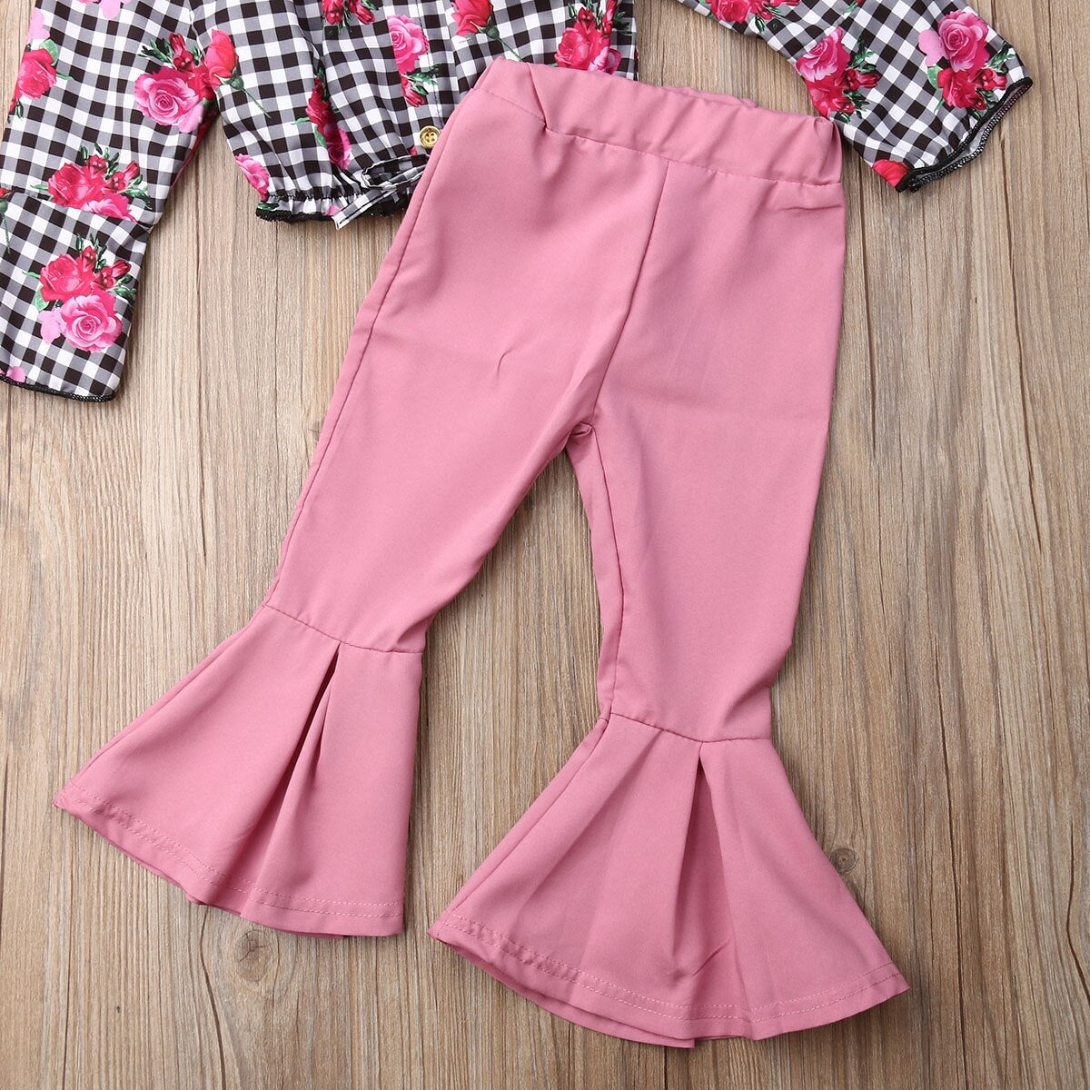 Girls' Clothing, Small And Medium-Sized Children's Checked Long-Sleeved Flared Pants - Kiddo’s Boutique 