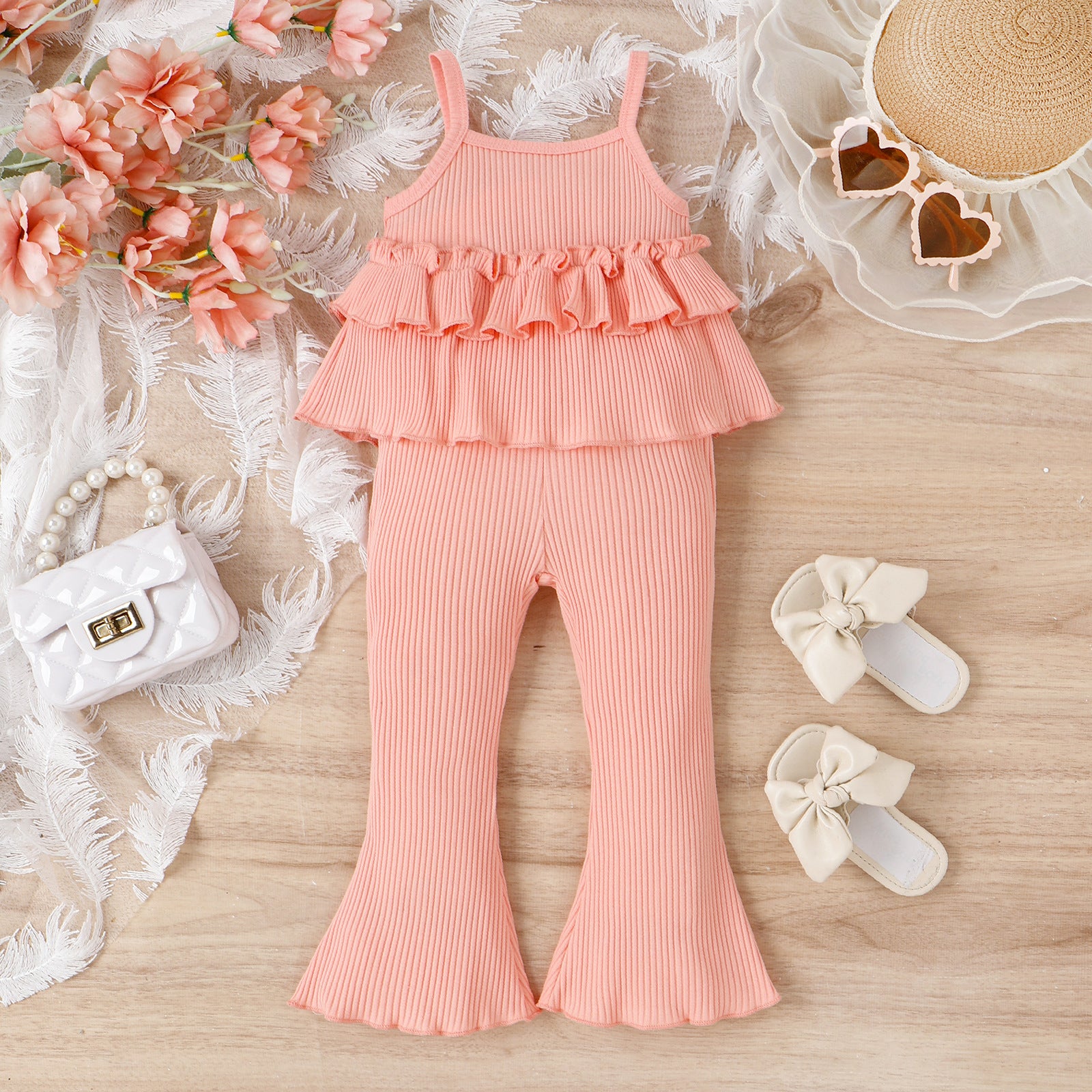 Children's Clothing Springsummer Young And Little Girls Sling Lace-collared Blouse Horn Sunken Stripe Trousers Two-piece Suit - Kiddo’s Boutique 