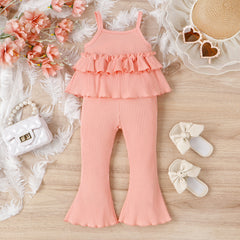 Children's Clothing Springsummer Young And Little Girls Sling Lace-collared Blouse Horn Sunken Stripe Trousers Two-piece Suit - Kiddo’s Boutique 