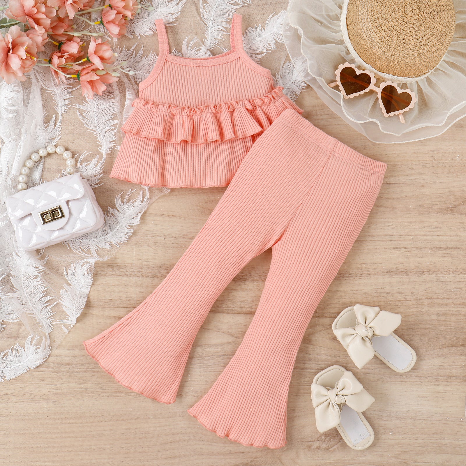 Children's Clothing Springsummer Young And Little Girls Sling Lace-collared Blouse Horn Sunken Stripe Trousers Two-piece Suit - Kiddo’s Boutique 