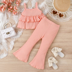 Children's Clothing Springsummer Young And Little Girls Sling Lace-collared Blouse Horn Sunken Stripe Trousers Two-piece Suit - Kiddo’s Boutique 