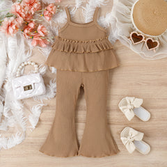 Children's Clothing Springsummer Young And Little Girls Sling Lace-collared Blouse Horn Sunken Stripe Trousers Two-piece Suit - Kiddo’s Boutique 